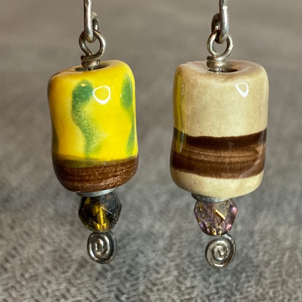 Ceramic mismatch Earrings dangle Sterling Silver brown swirl